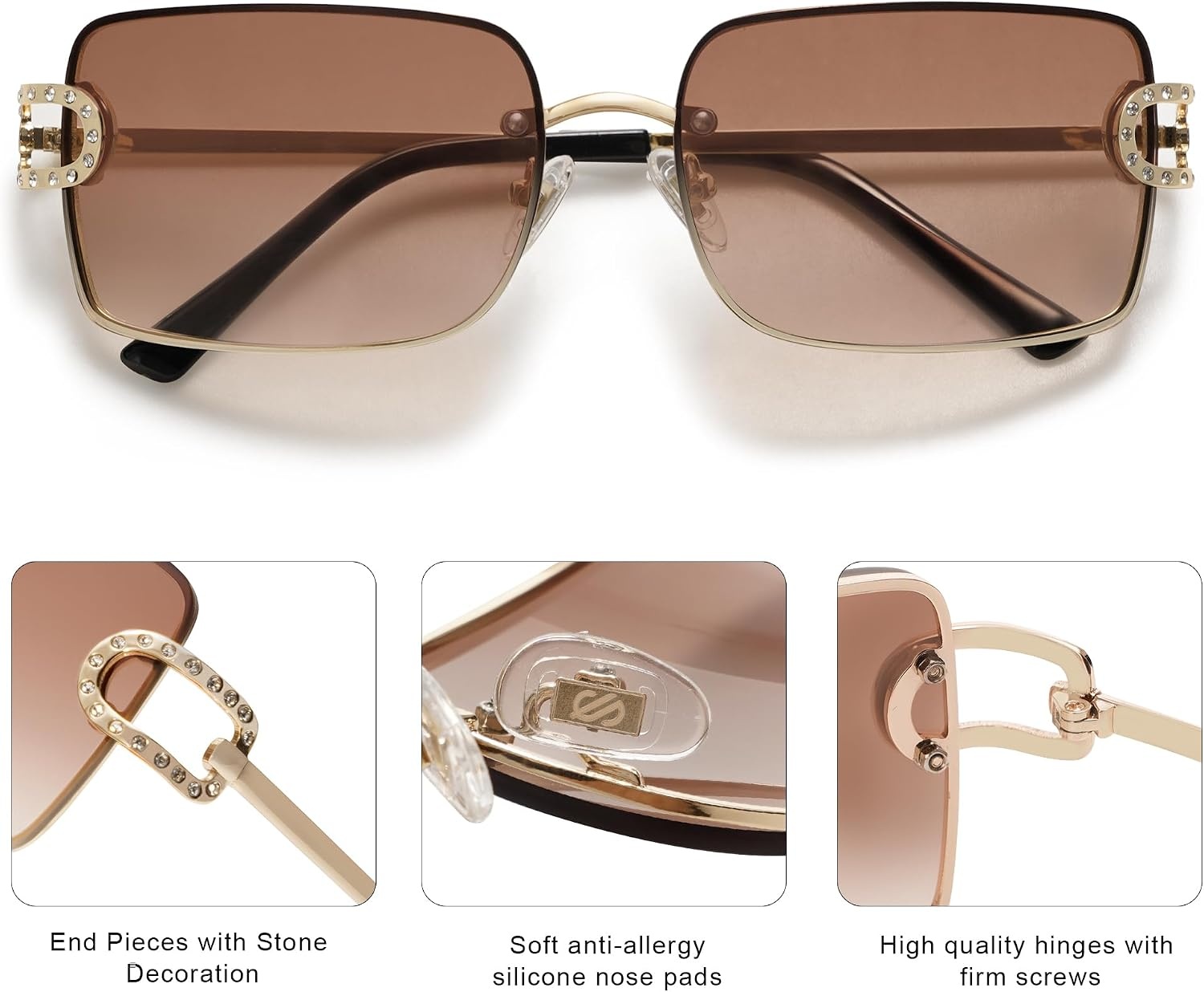 image:imageSOJOS Vintage Rectangle Sunglasses for WomenOversized Trendy Rimless 90s UV400 Womens Y2K Shades SJ1178GoldBrown Grading