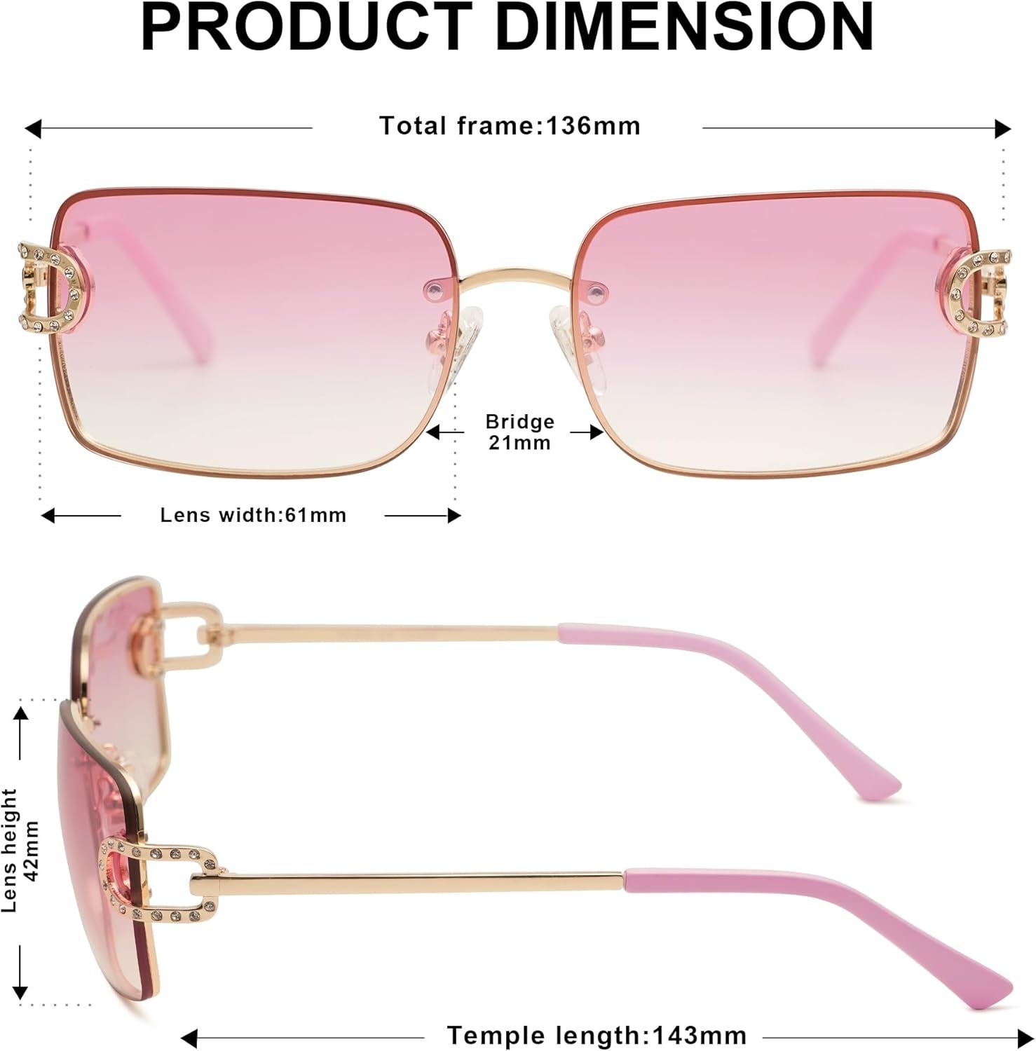 image:imageSOJOS Vintage Rectangle Sunglasses for WomenOversized Trendy Rimless 90s UV400 Womens Y2K Shades SJ1178GoldPink Grading
