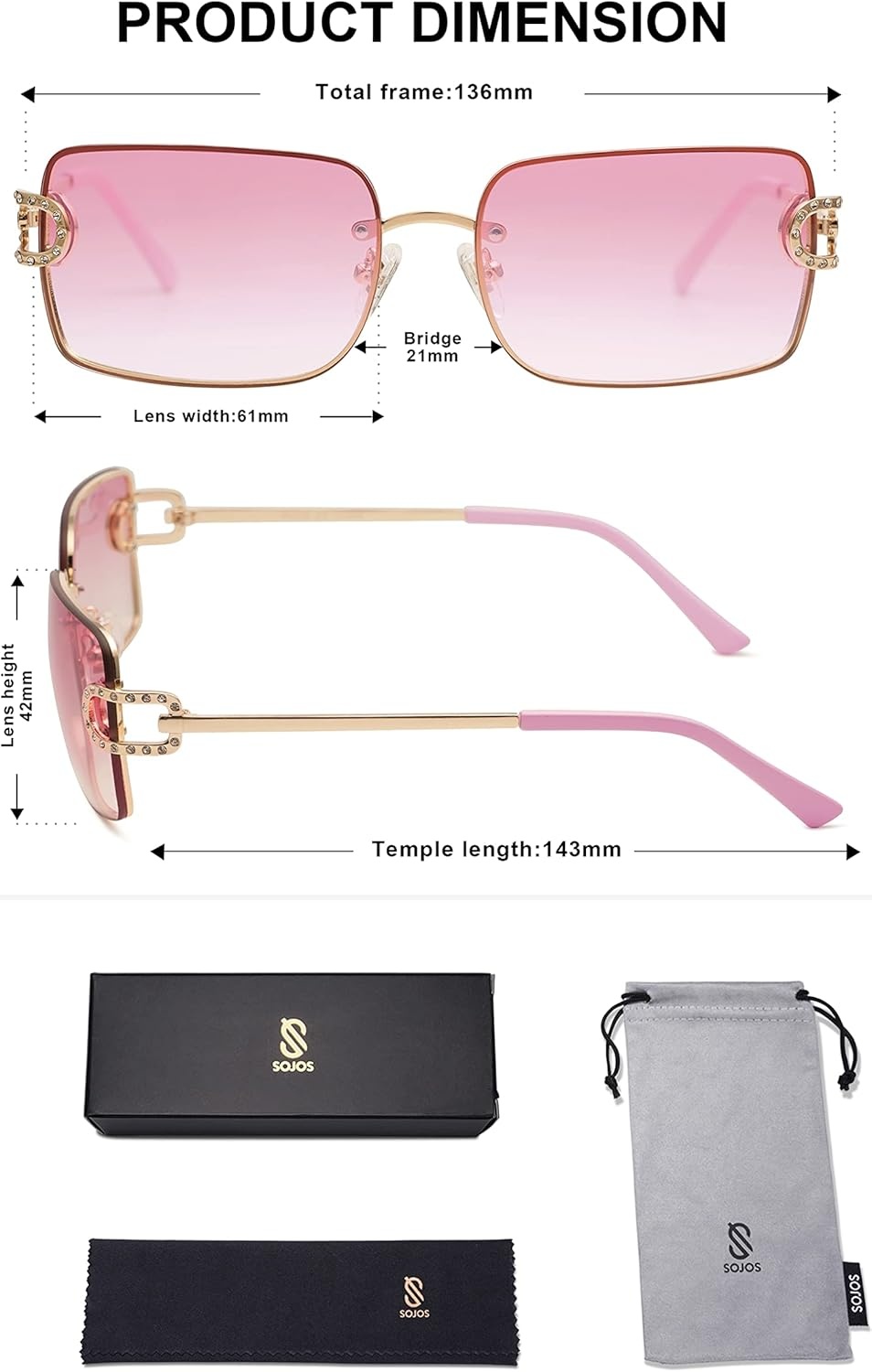 image:imageSOJOS Vintage Rectangle Sunglasses for WomenOversized Trendy Rimless 90s UV400 Womens Y2K Shades SJ1178GoldPink Grading