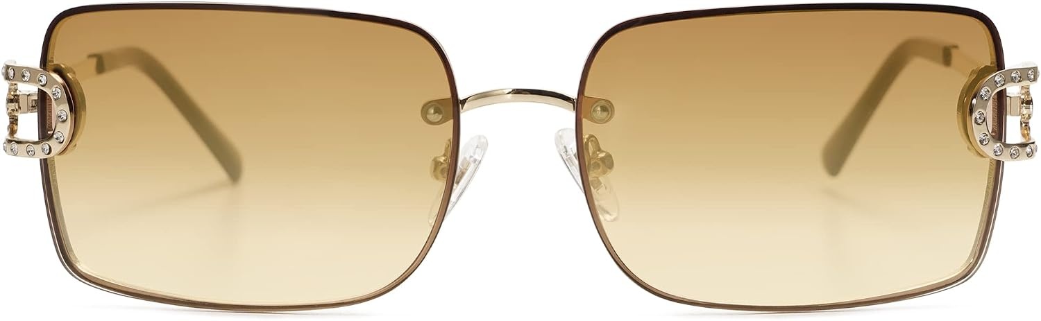 image:imageSOJOS Vintage Rectangle Sunglasses for WomenOversized Trendy Rimless 90s UV400 Womens Y2K Shades SJ1178GoldYellow Brown Grading
