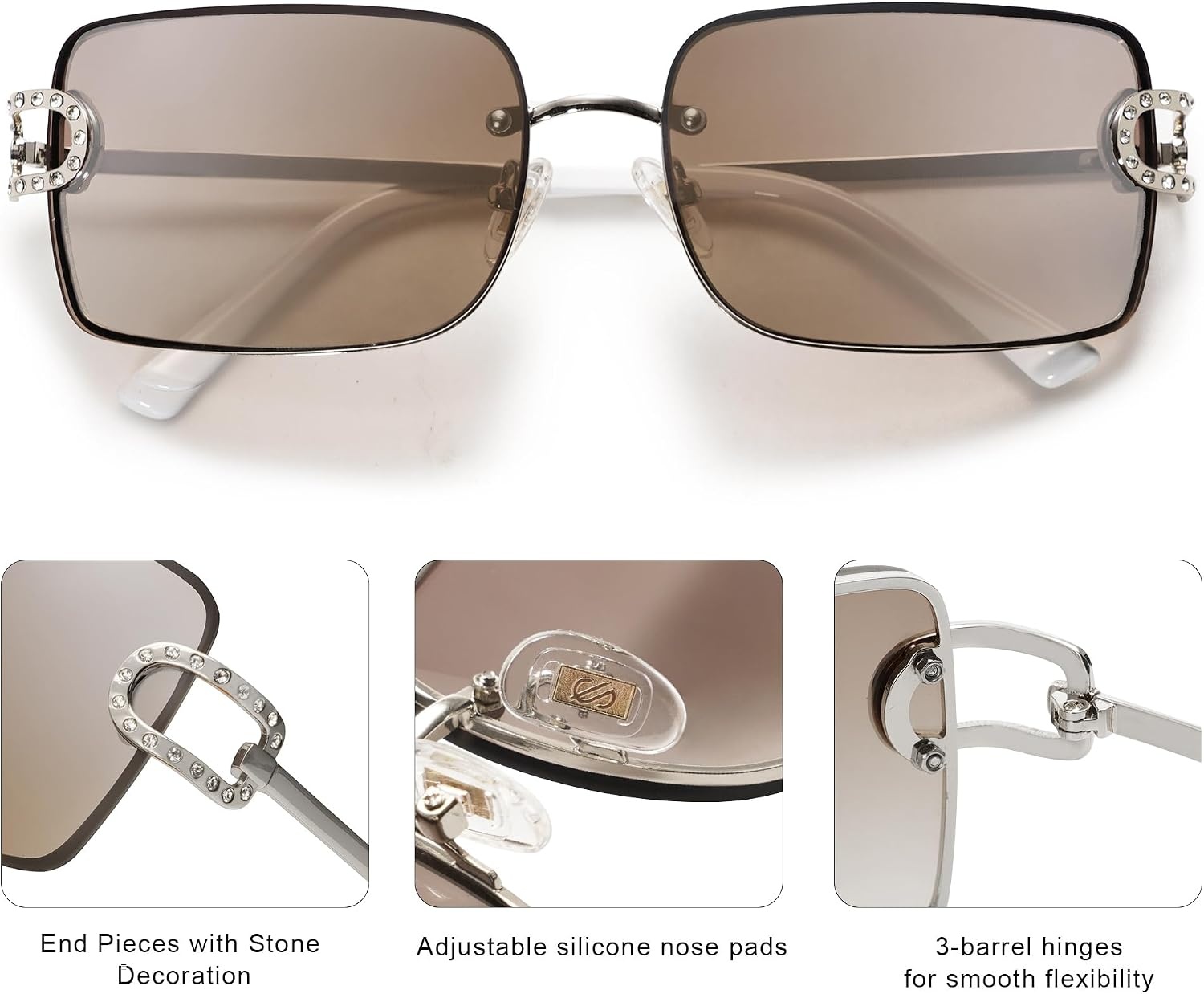 image:imageSOJOS Vintage Rectangle Sunglasses for WomenOversized Trendy Rimless 90s UV400 Womens Y2K Shades SJ1178SilverBrown Light Silver Mirror