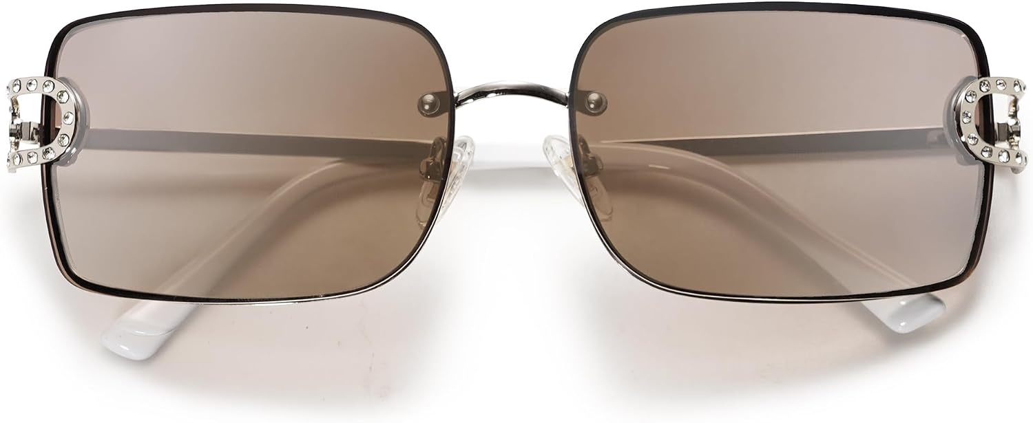 image:imageSOJOS Vintage Rectangle Sunglasses for WomenOversized Trendy Rimless 90s UV400 Womens Y2K Shades SJ1178SilverBrown Light Silver Mirror