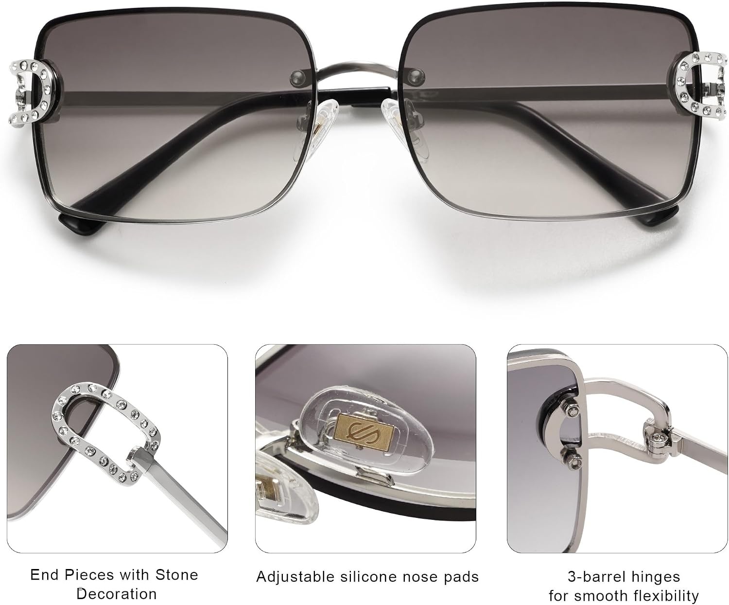 image:imageSOJOS Vintage Rectangle Sunglasses for WomenOversized Trendy Rimless 90s UV400 Womens Y2K Shades SJ1178SilverGrey Grading