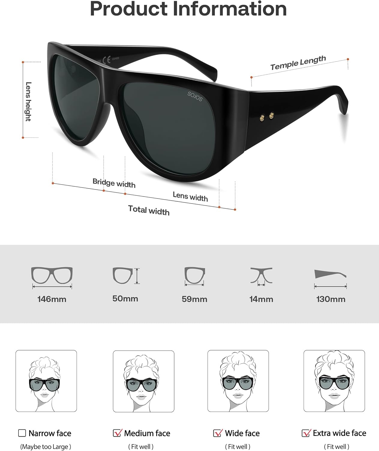 image:imageSOJOS Vintage Retro Oversized Big Aviator Polarized Sunglasses Womens Men SJ2615Black Frame Grey Lens