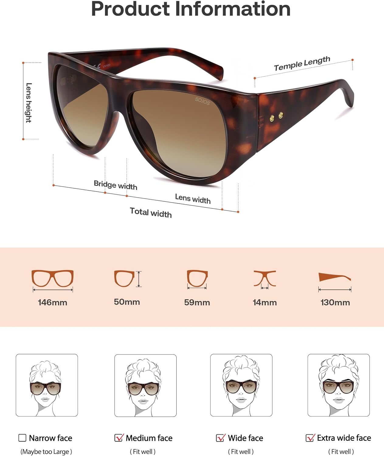 image:imageSOJOS Vintage Retro Oversized Big Aviator Polarized Sunglasses Womens Men SJ2615Brown Tortoise Frame Brown Lens