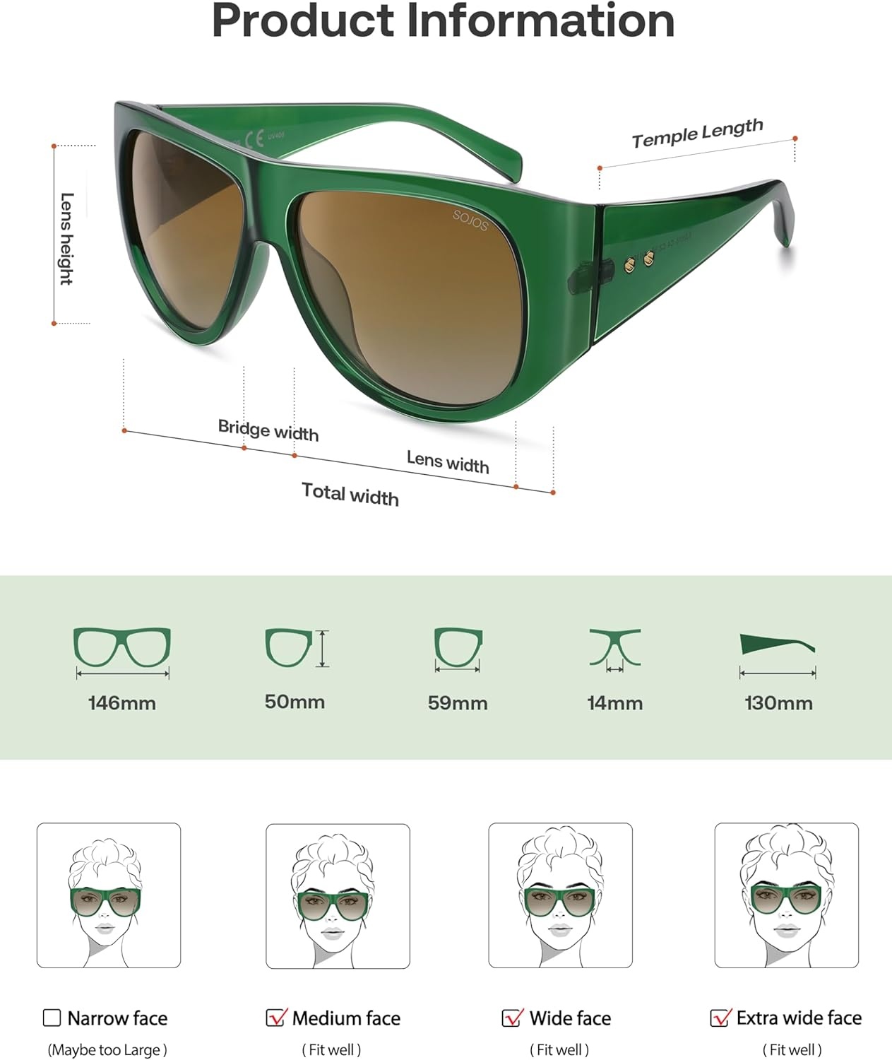 image:imageSOJOS Vintage Retro Oversized Big Aviator Polarized Sunglasses Womens Men SJ2615Green Frame Brown Grading Lens