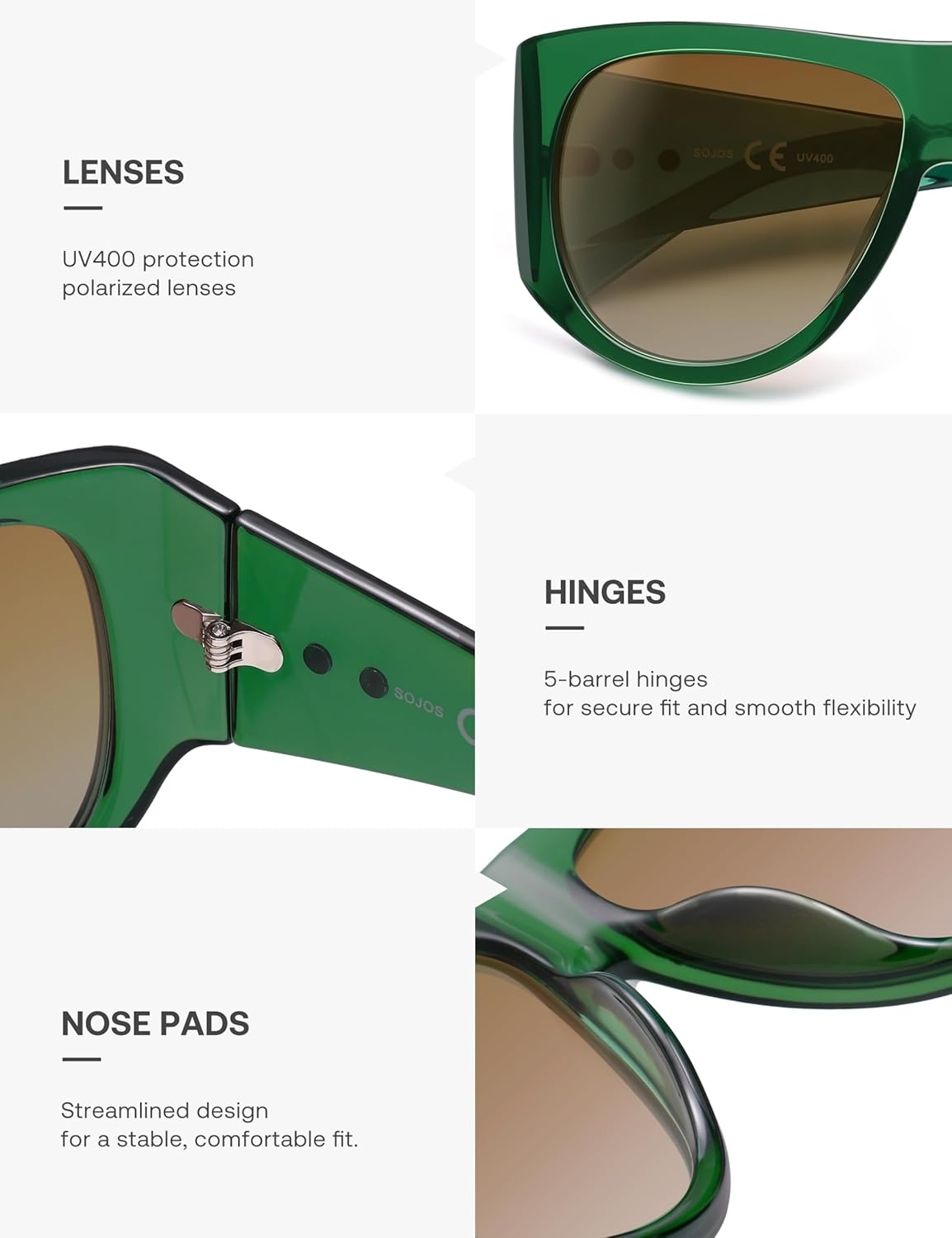 image:imageSOJOS Vintage Retro Oversized Big Aviator Polarized Sunglasses Womens Men SJ2615Green Frame Brown Grading Lens