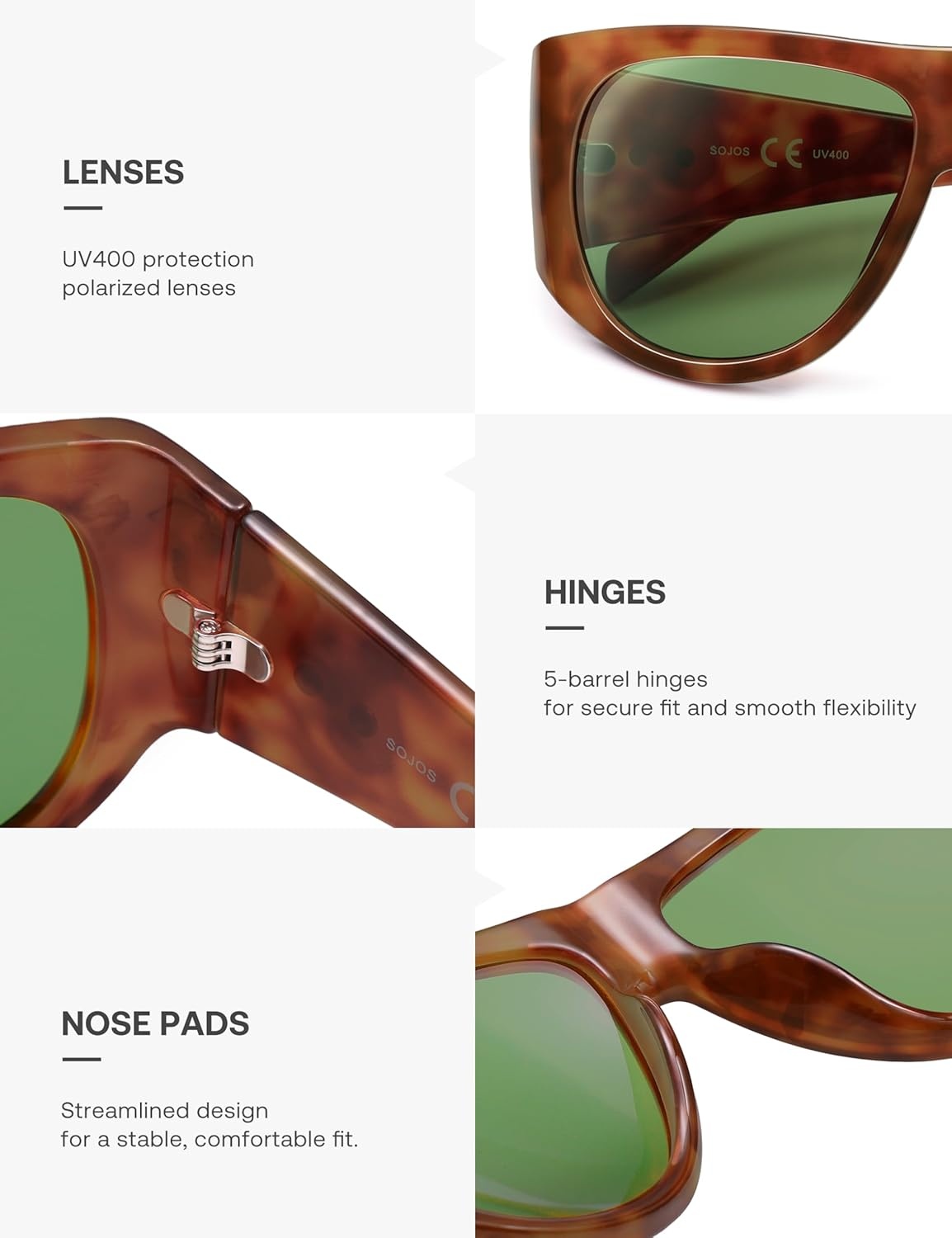 image:imageSOJOS Vintage Retro Oversized Big Aviator Polarized Sunglasses Womens Men SJ2615Yellow Tortoise Frame Green Lens