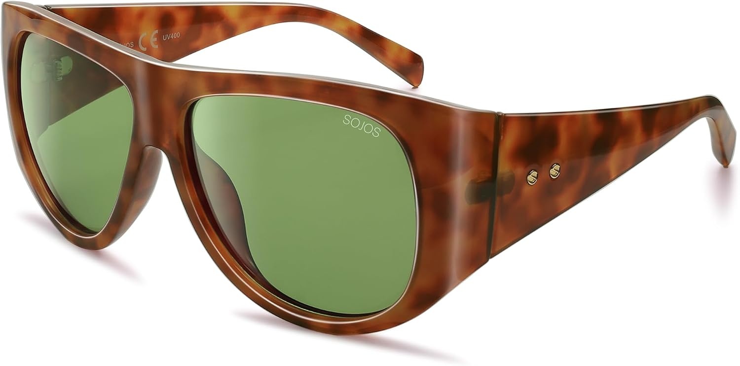 image:imageSOJOS Vintage Retro Oversized Big Aviator Polarized Sunglasses Womens Men SJ2615Yellow Tortoise Frame Green Lens