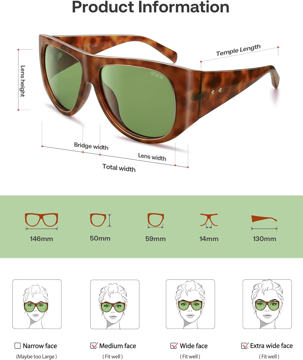image:imageSOJOS Vintage Retro Oversized Big Aviator Polarized Sunglasses Womens Men SJ2615Yellow Tortoise Frame Green Lens