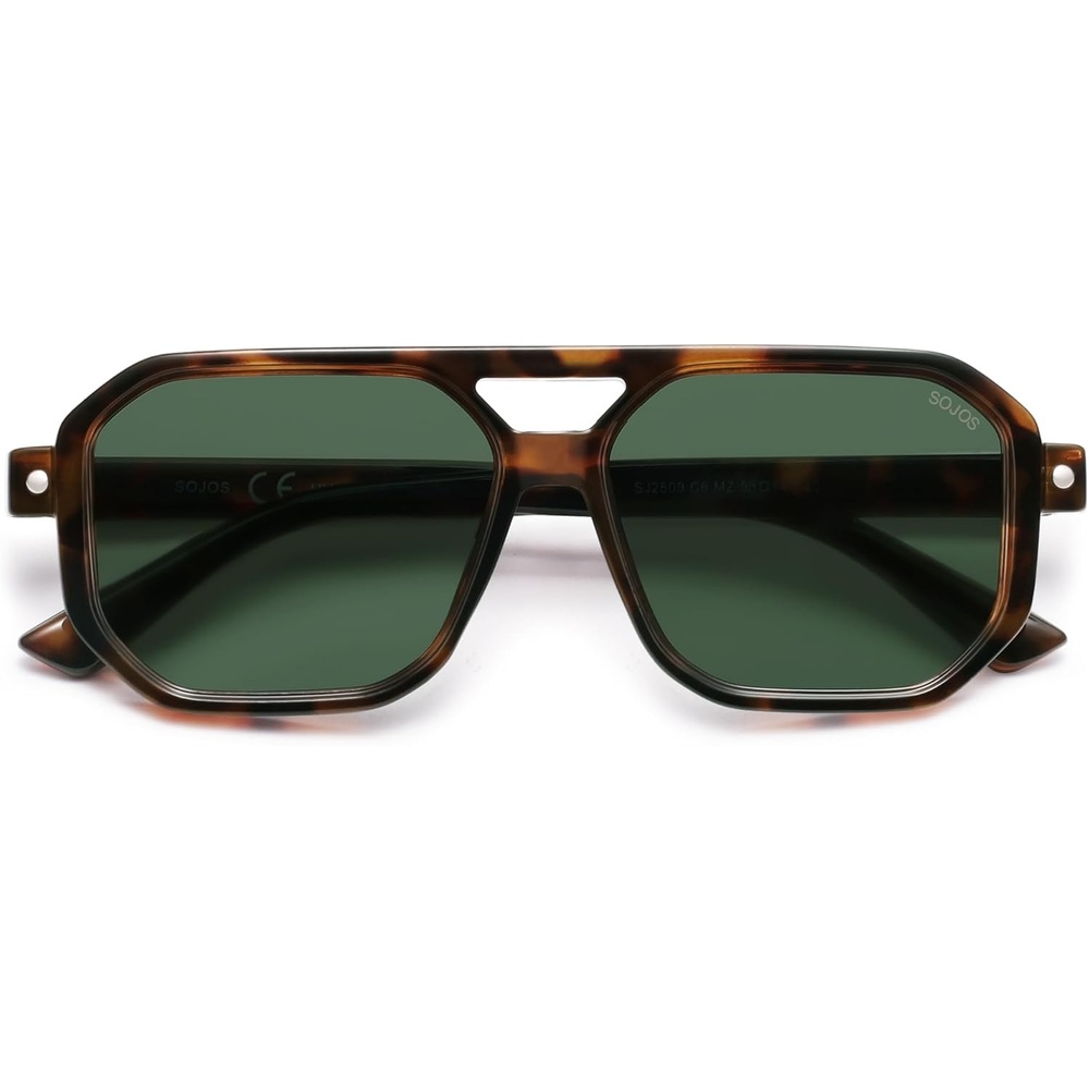 image:imageSOJOS Retro Polarized Square Aviator Sunglasses for Women Men Vintage 70s UV400 Protection Shade SJ2609Tortoise Green Lens