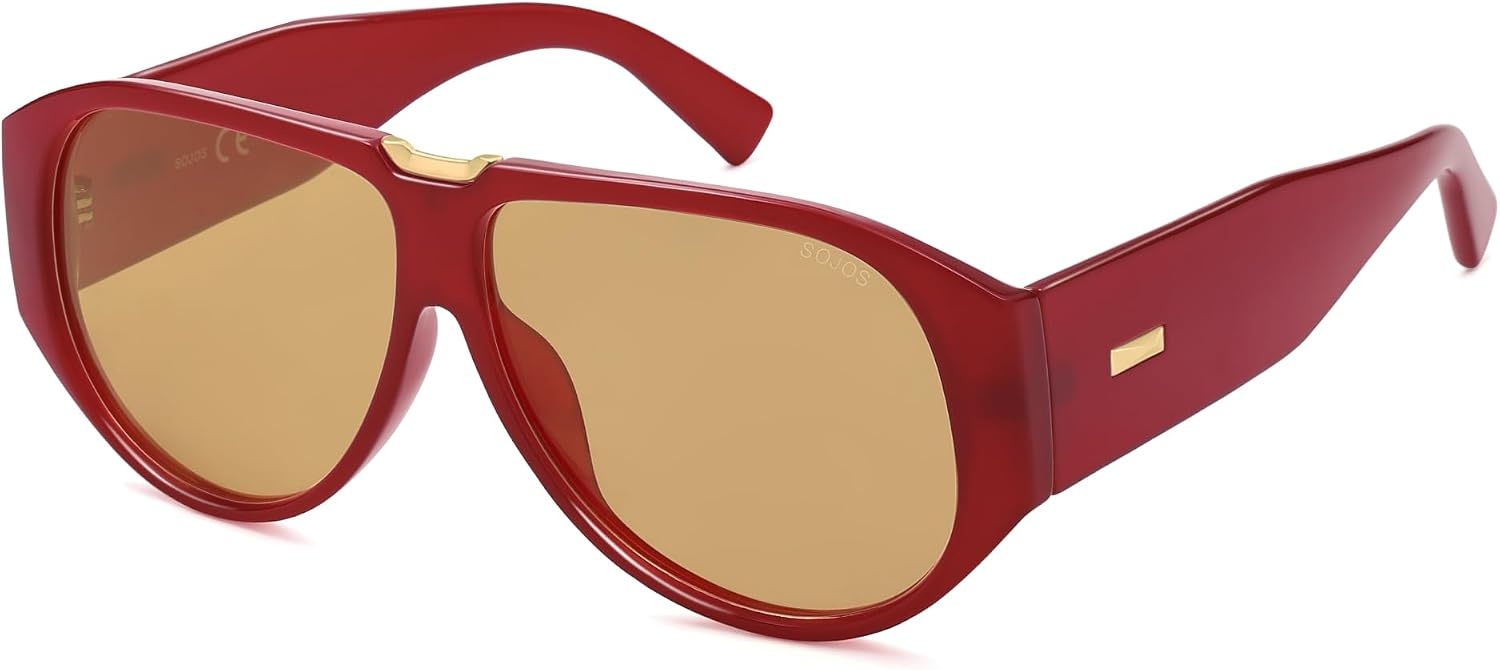 image:imageSOJOS Oversized Aviator Sunglasses Polarized Womens Mens Retro Trendy Vintage Big Square Shield SJ2392 Red Frame Light Brown Lens