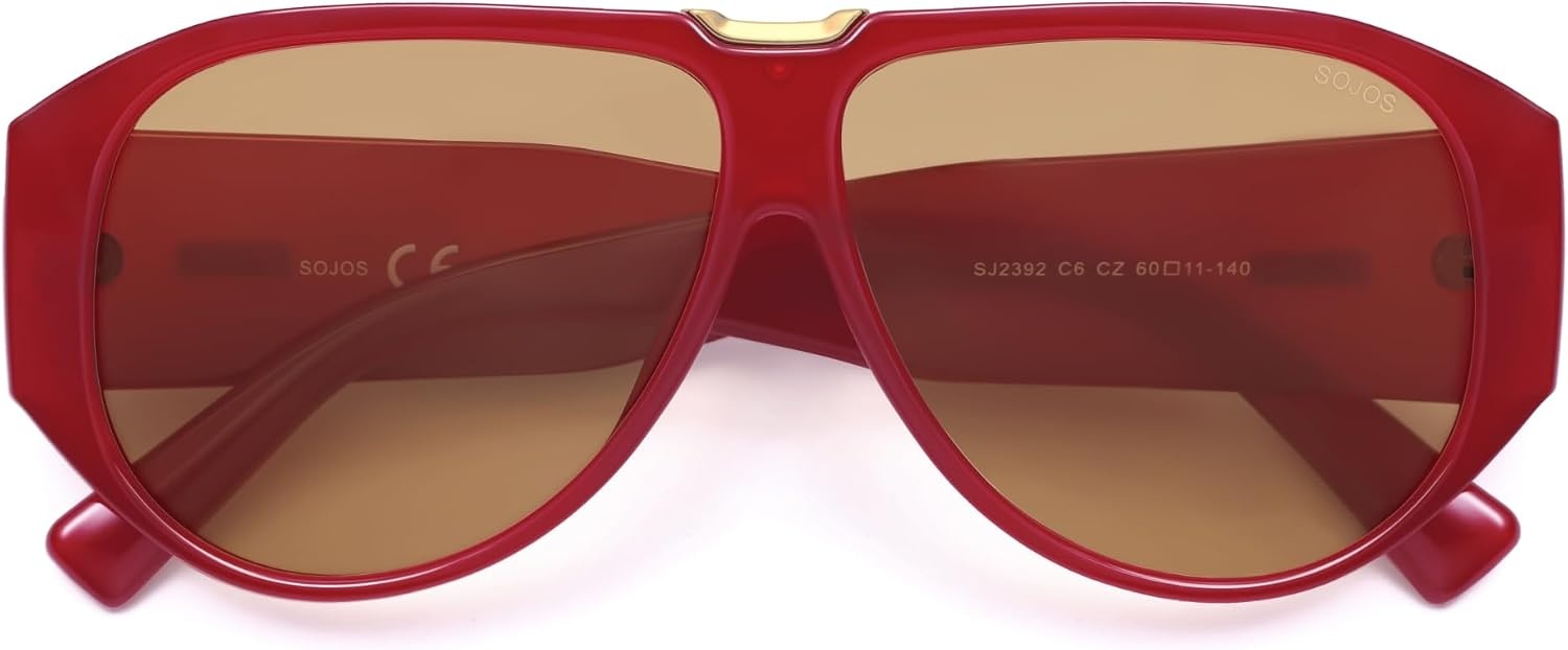 image:imageSOJOS Oversized Aviator Sunglasses Polarized Womens Mens Retro Trendy Vintage Big Square Shield SJ2392 Red Frame Light Brown Lens