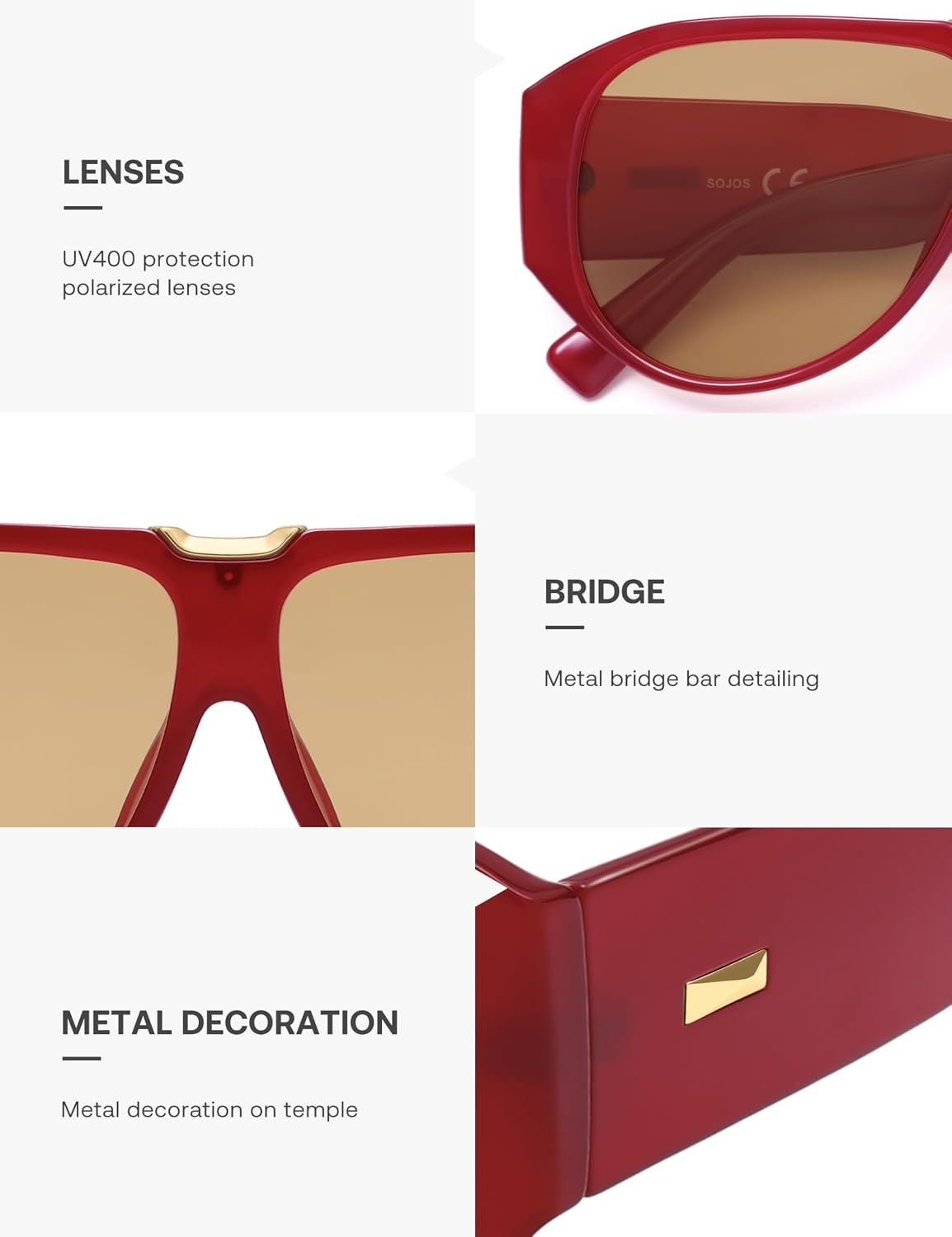 image:imageSOJOS Oversized Aviator Sunglasses Polarized Womens Mens Retro Trendy Vintage Big Square Shield SJ2392 Red Frame Light Brown Lens