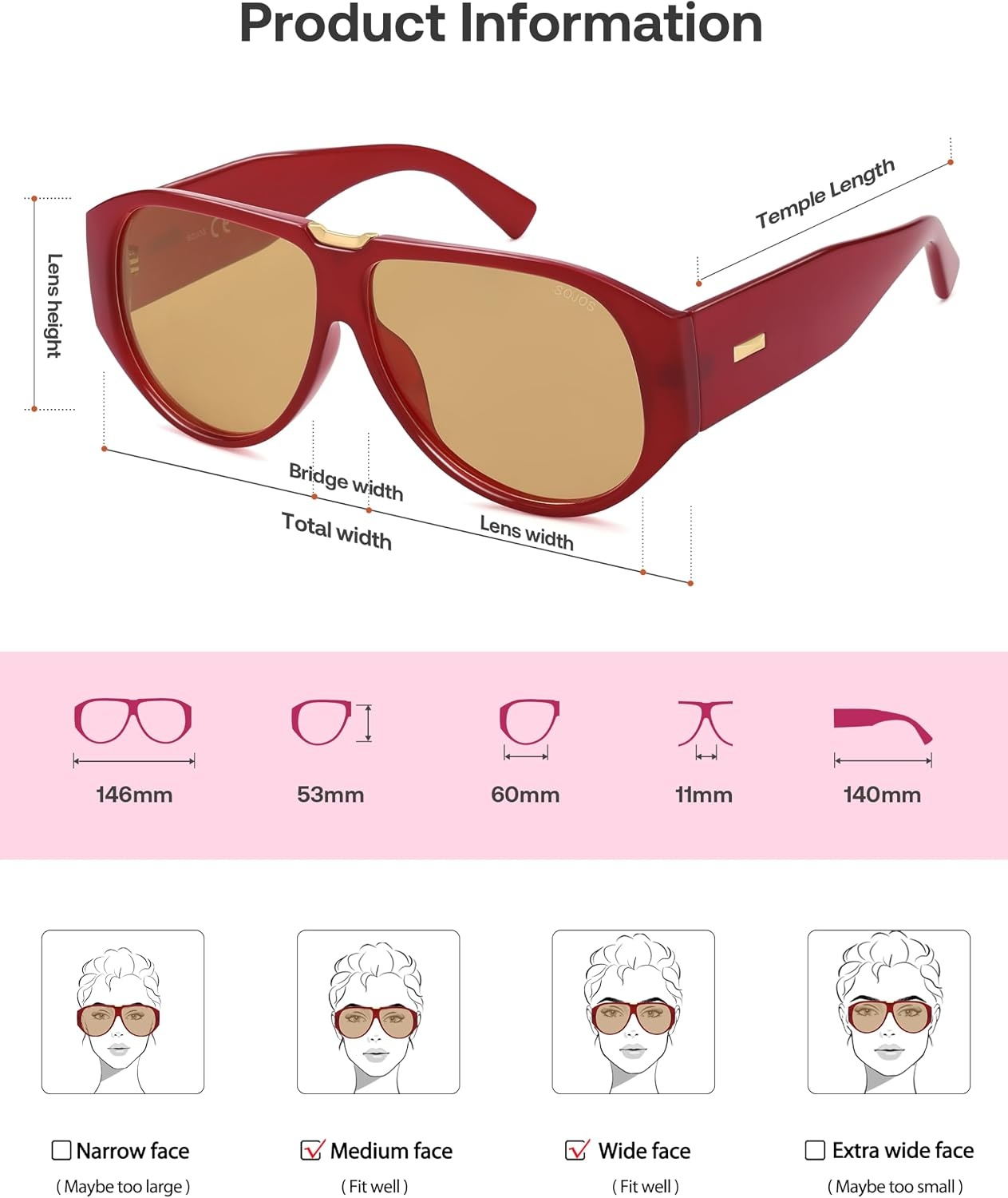 image:imageSOJOS Oversized Aviator Sunglasses Polarized Womens Mens Retro Trendy Vintage Big Square Shield SJ2392 Red Frame Light Brown Lens