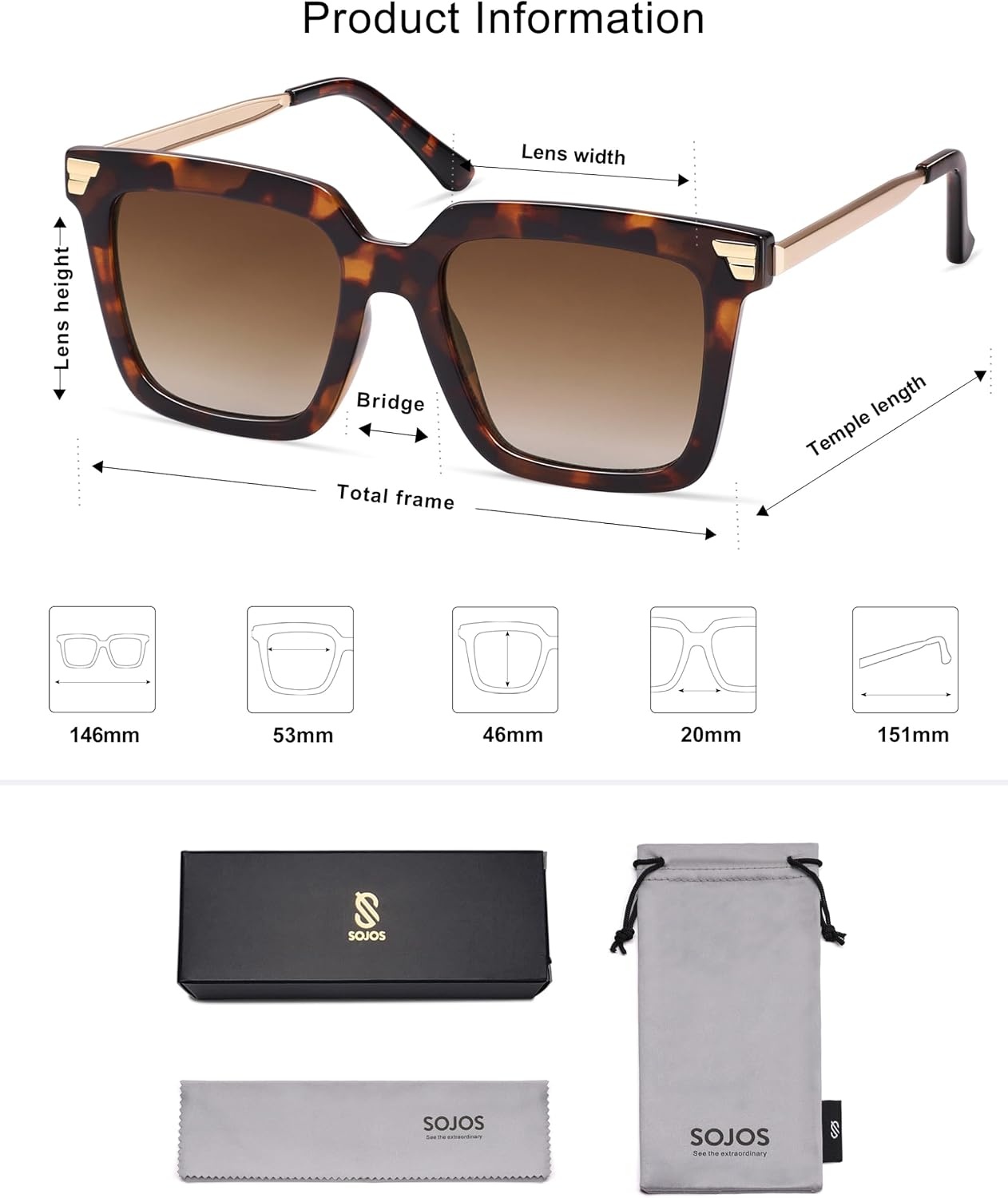 image:imageSOJOS Retro Oversized Square Sunglasses for Women Trendy Vintage Shades Classic Big Sun Glasses UV400 SJ2216ADark TortoiseGradient Brown