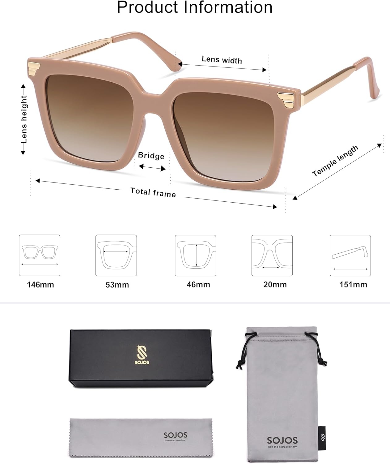 image:imageSOJOS Retro Oversized Square Sunglasses for Women Trendy Vintage Shades Classic Big Sun Glasses UV400 SJ2216ALight BrownGradient Brown
