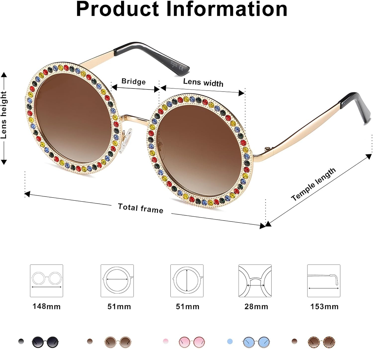 image:imageSOJOS Shining Oversized Round Rhinestone Sunglasses Festival Gem Sunnies SJ1095C05 Gold FrameGradient Brown Lens With Colored Diamonds