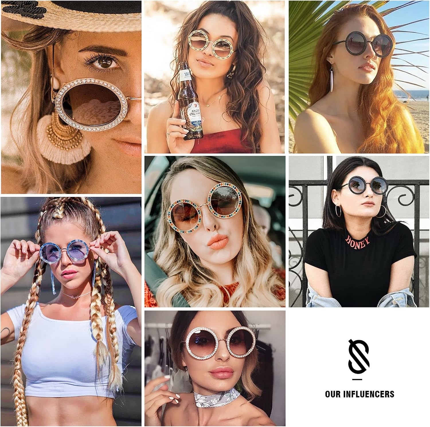 image:imageSOJOS Shining Oversized Round Rhinestone Sunglasses Festival Gem Sunnies SJ1095C05 Gold FrameGradient Brown Lens With Colored Diamonds