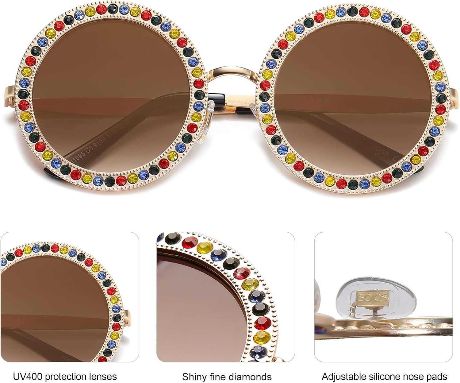 image:imageSOJOS Shining Oversized Round Rhinestone Sunglasses Festival Gem Sunnies SJ1095C05 Gold FrameGradient Brown Lens With Colored Diamonds