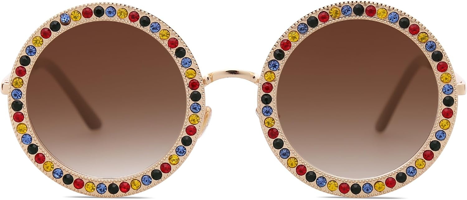 image:imageSOJOS Shining Oversized Round Rhinestone Sunglasses Festival Gem Sunnies SJ1095C05 Gold FrameGradient Brown Lens With Colored Diamonds