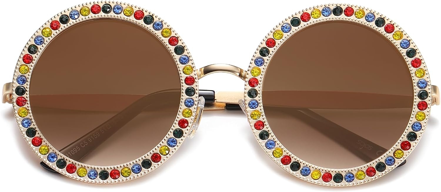 image:imageSOJOS Shining Oversized Round Rhinestone Sunglasses Festival Gem Sunnies SJ1095C05 Gold FrameGradient Brown Lens With Colored Diamonds
