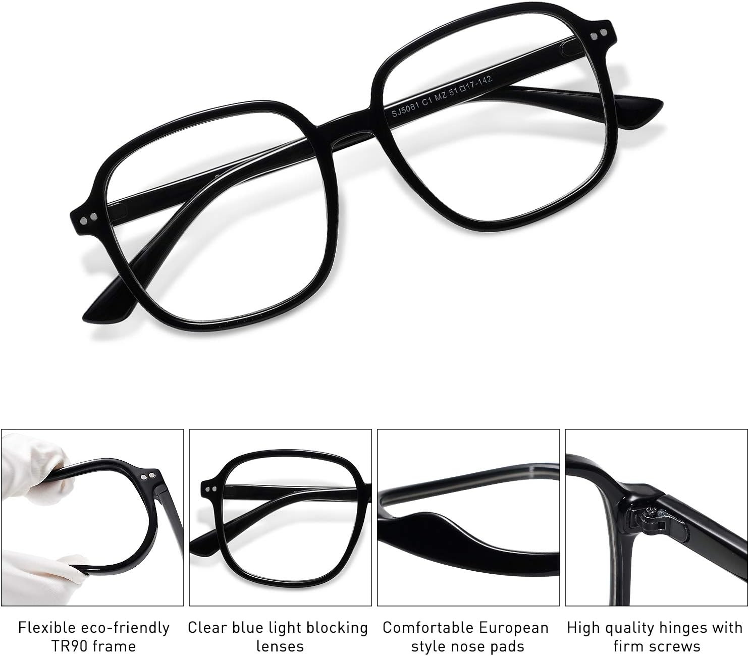 image:imageSOJOS Square Blue Light Blocking Glasses Oversized for Women TR90 Frame Filter SJ5081C1 Black Frame