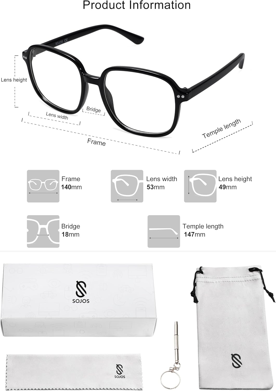 image:imageSOJOS Square Blue Light Blocking Glasses Oversized for Women TR90 Frame Filter SJ5081C1 Black Frame