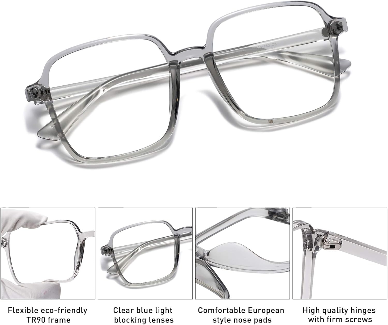 image:imageSOJOS Square Blue Light Blocking Glasses Oversized for Women TR90 Frame Filter SJ5081C3 Crystal Grey Frame