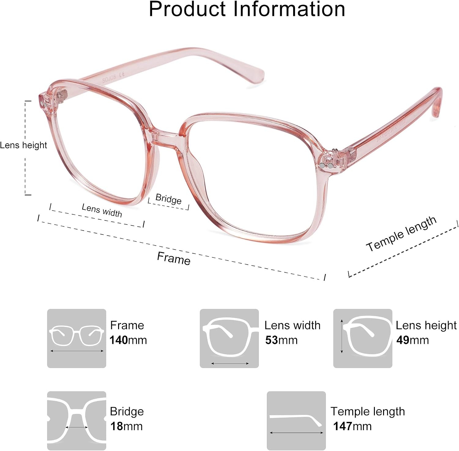 image:imageSOJOS Square Blue Light Blocking Glasses Oversized for Women TR90 Frame Filter SJ5081C4 Crystal Pink Frame