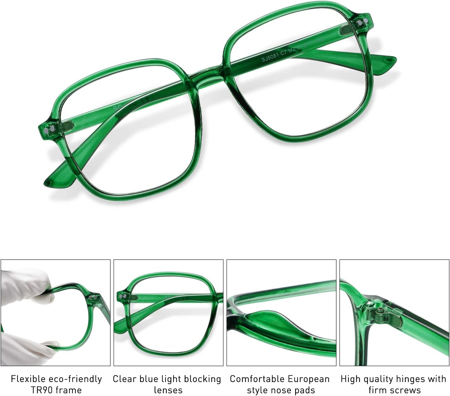 image:imageSOJOS Square Blue Light Blocking Glasses Oversized for Women TR90 Frame Filter SJ5081C7 Crystal Dark Green Frame