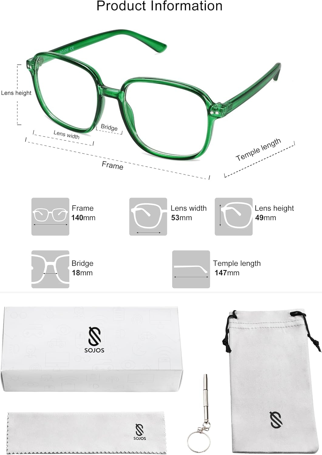 image:imageSOJOS Square Blue Light Blocking Glasses Oversized for Women TR90 Frame Filter SJ5081C7 Crystal Dark Green Frame