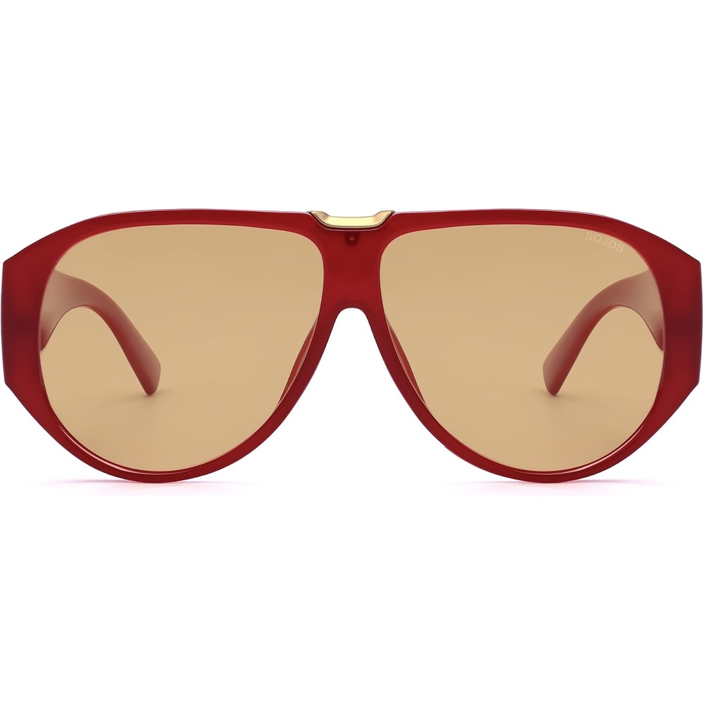 image:imageSOJOS Oversized Aviator Sunglasses Polarized Womens Mens Retro Trendy Vintage Big Square Shield SJ2392 Red Frame Light Brown Lens