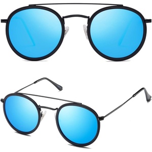 image:imageSOJOS Retro Vintage Round Polarized Sunglasses for Women Men Double Bridge Circle Sunnies SJ1104Matte BlackBlue Mirrored