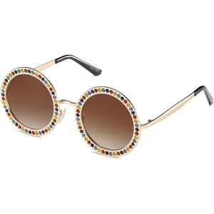 image:imageSOJOS Shining Oversized Round Rhinestone Sunglasses Festival Gem Sunnies SJ1095C05 Gold FrameGradient Brown Lens With Colored Diamonds