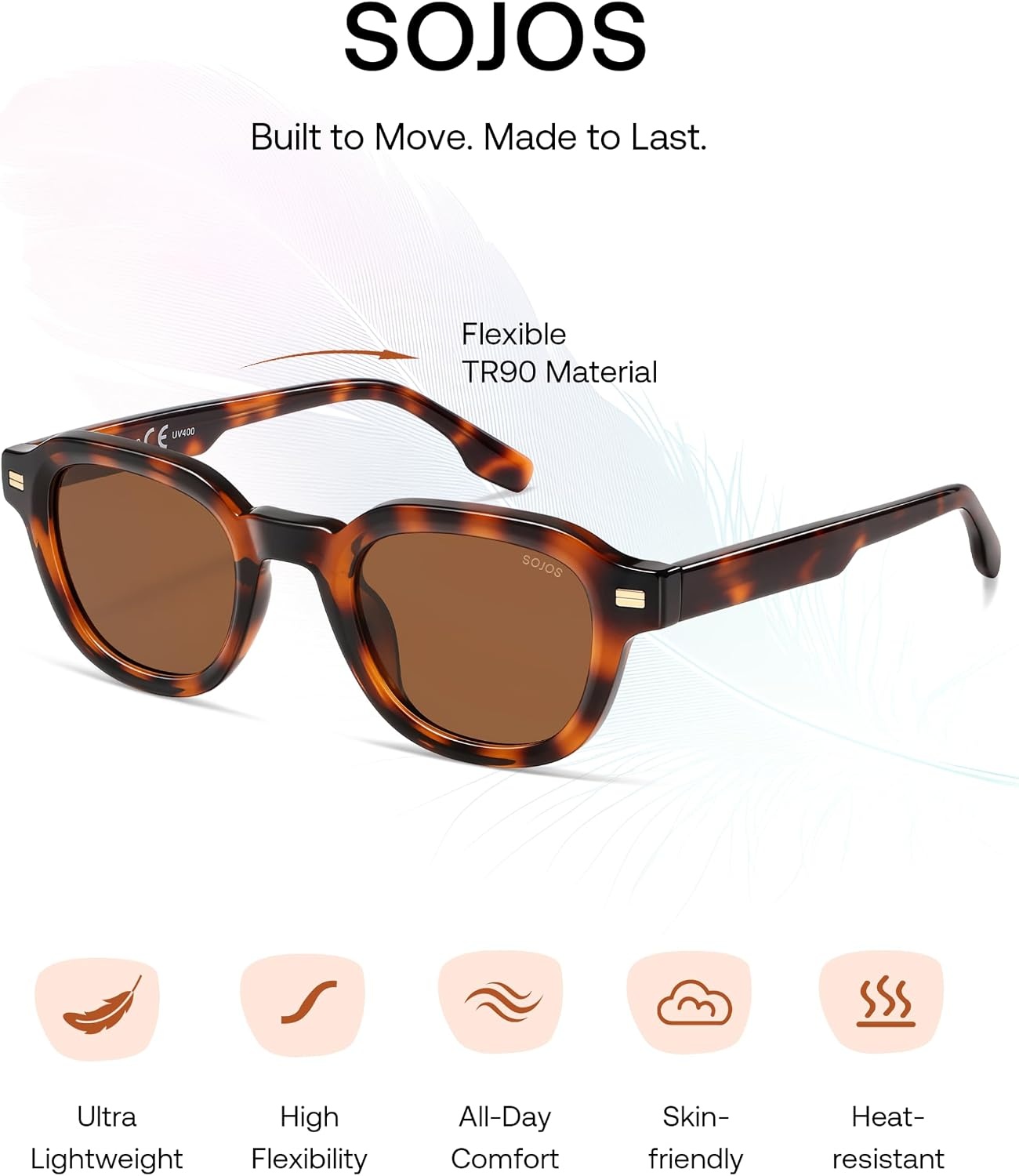 image:imageSOJOS Retro Polarized Square Sunglasses for Women Men  Vintage StyleTR90 Frame for Fishing Driving amp Daily Wear UV400 Protection SJ2707Tortoise  Brown Lens
