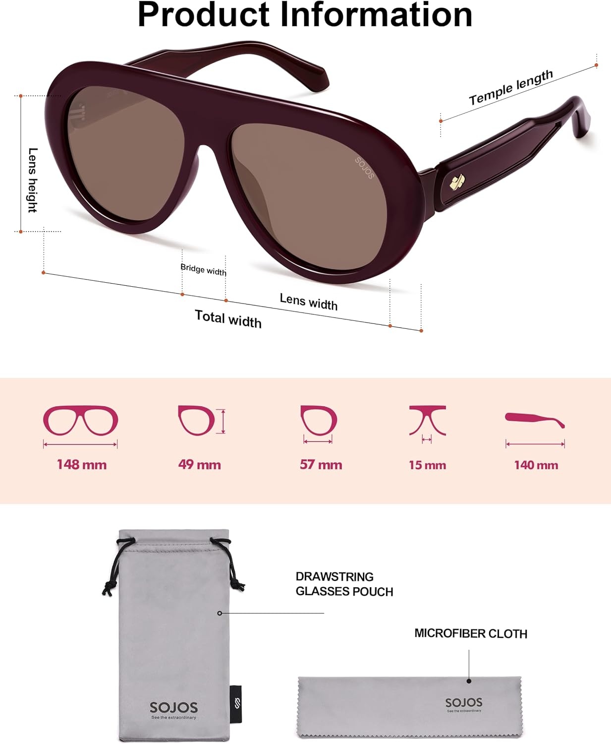 image:imageSOJOS Trendy Oversized Polarized Aviator Sunglasses Womens Men SJ2390  Retro Vintage 70s Style UV Protection Shield Sun GlassesDeep BurgundyReddishbrown
