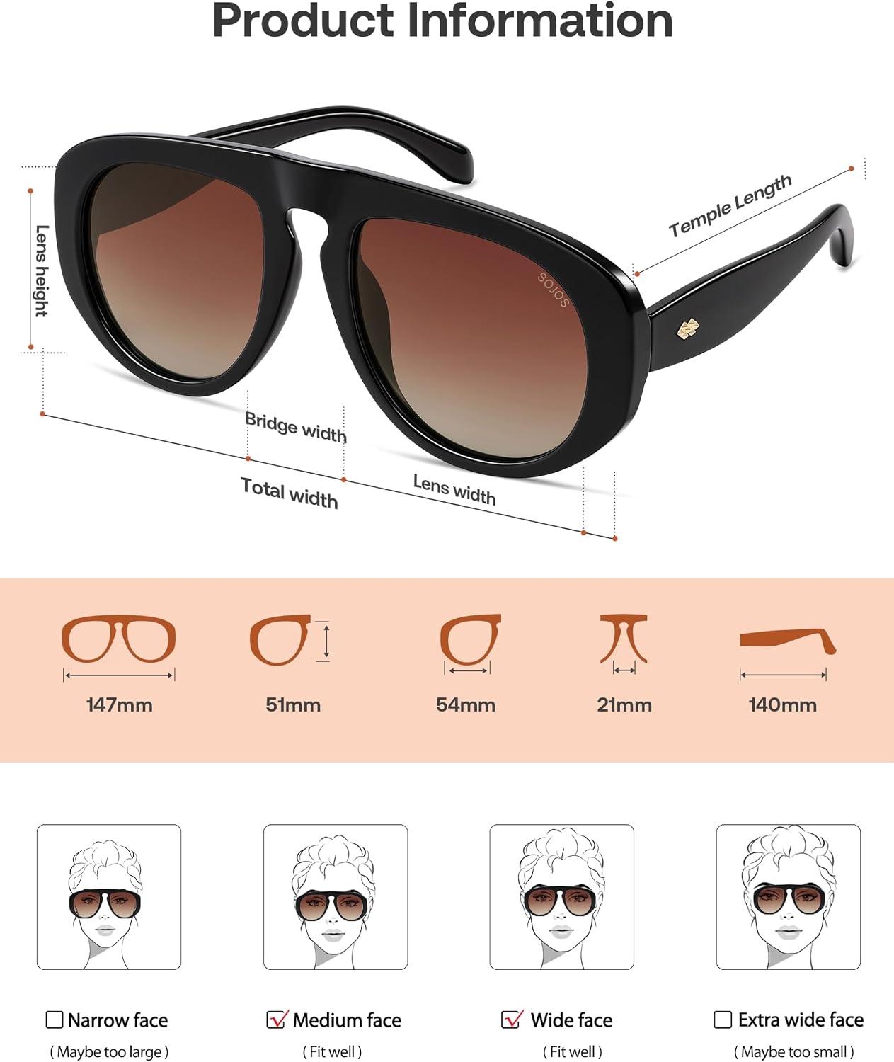 image:imageSOJOS Trendy Oversized Polarized Aviator Sunglasses Womens Mens SJ2725  70s 80s Retro Vintage Shades Big Bold Thick Frame UV Protection TAC Lenses Sun GlassesBlackBrown