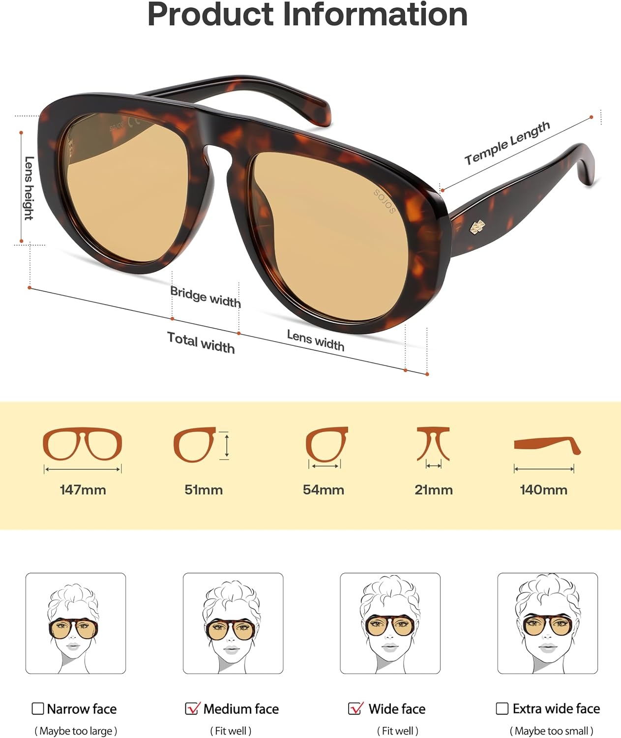 image:imageSOJOS Trendy Oversized Polarized Aviator Sunglasses Womens Mens SJ2725  70s 80s Retro Vintage Shades Big Bold Thick Frame UV Protection TAC Lenses Sun GlassesTortoiseTea