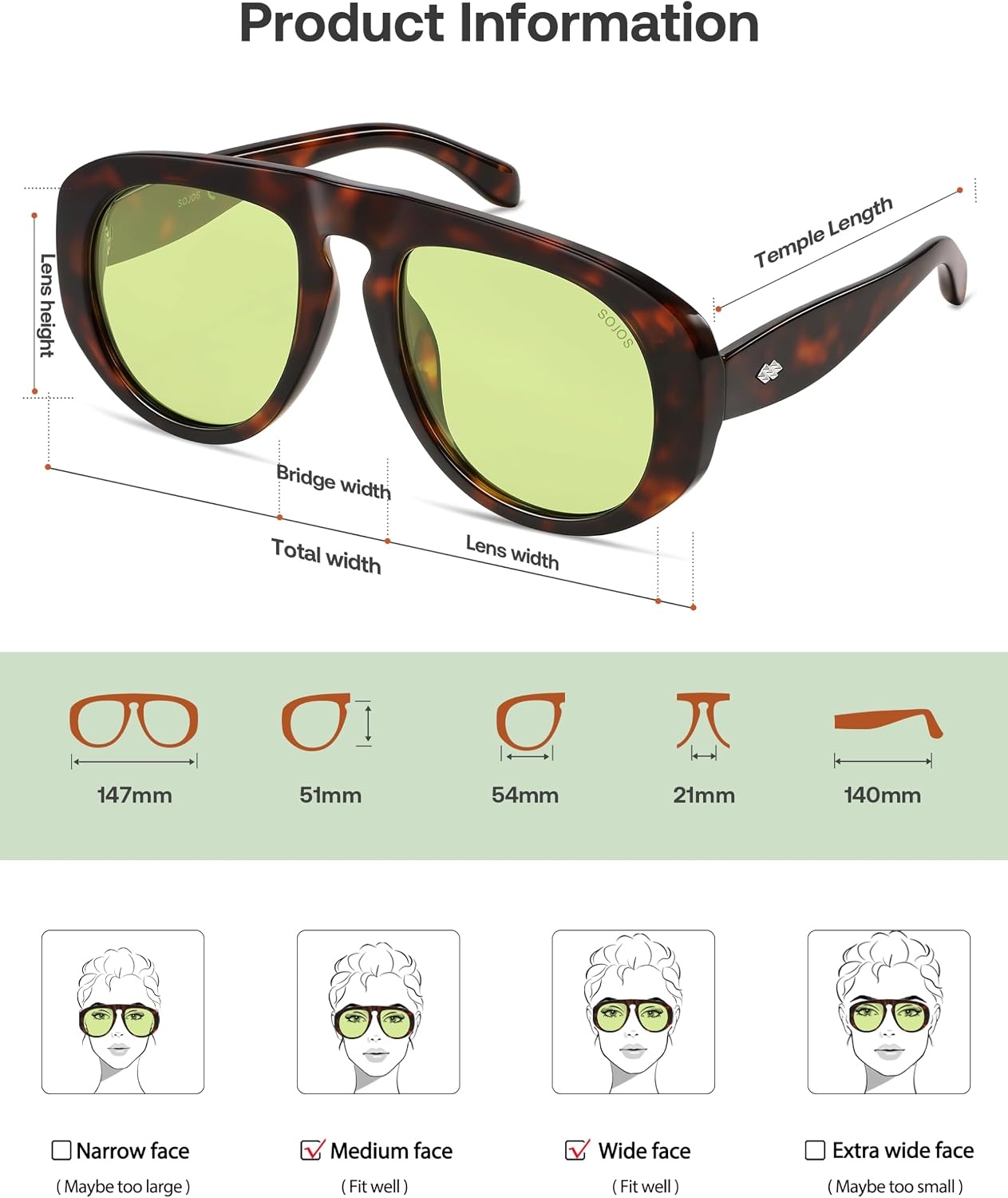 image:imageSOJOS Trendy Oversized Polarized Aviator Sunglasses Womens Mens SJ2725  70s 80s Retro Vintage Shades Big Bold Thick Frame UV Protection TAC Lenses Sun GlassesTortoiseGreen