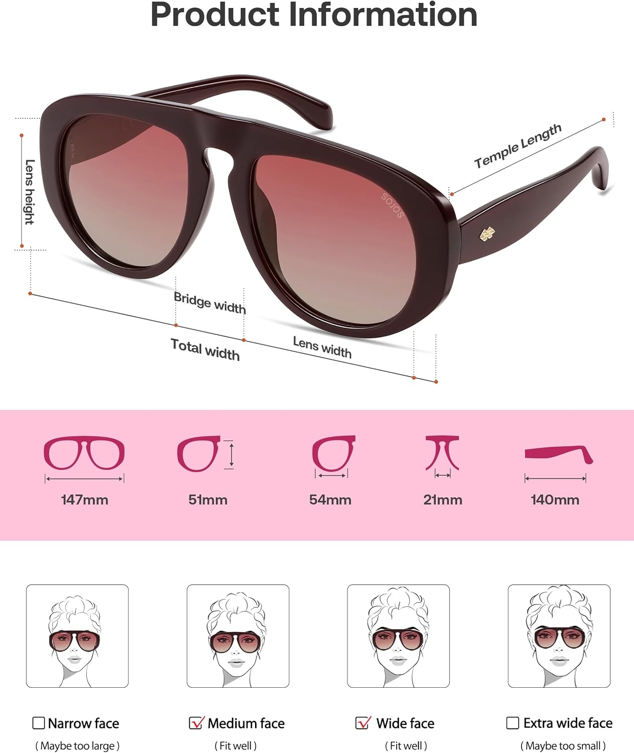 image:imageSOJOS Trendy Oversized Polarized Aviator Sunglasses Womens Mens SJ2725  70s 80s Retro Vintage Shades Big Bold Thick Frame UV Protection TAC Lenses Sun GlassesRedRed