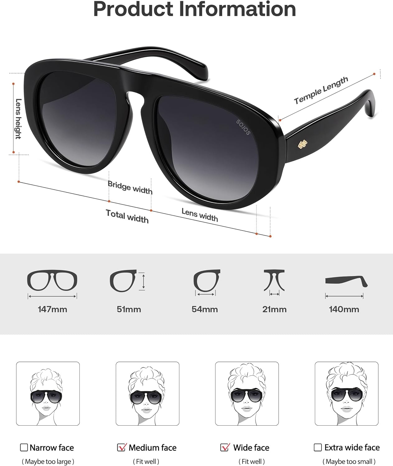image:imageSOJOS Trendy Oversized Polarized Aviator Sunglasses Womens Mens SJ2725  70s 80s Retro Vintage Shades Big Bold Thick Frame UV Protection TAC Lenses Sun GlassesBlackGrey