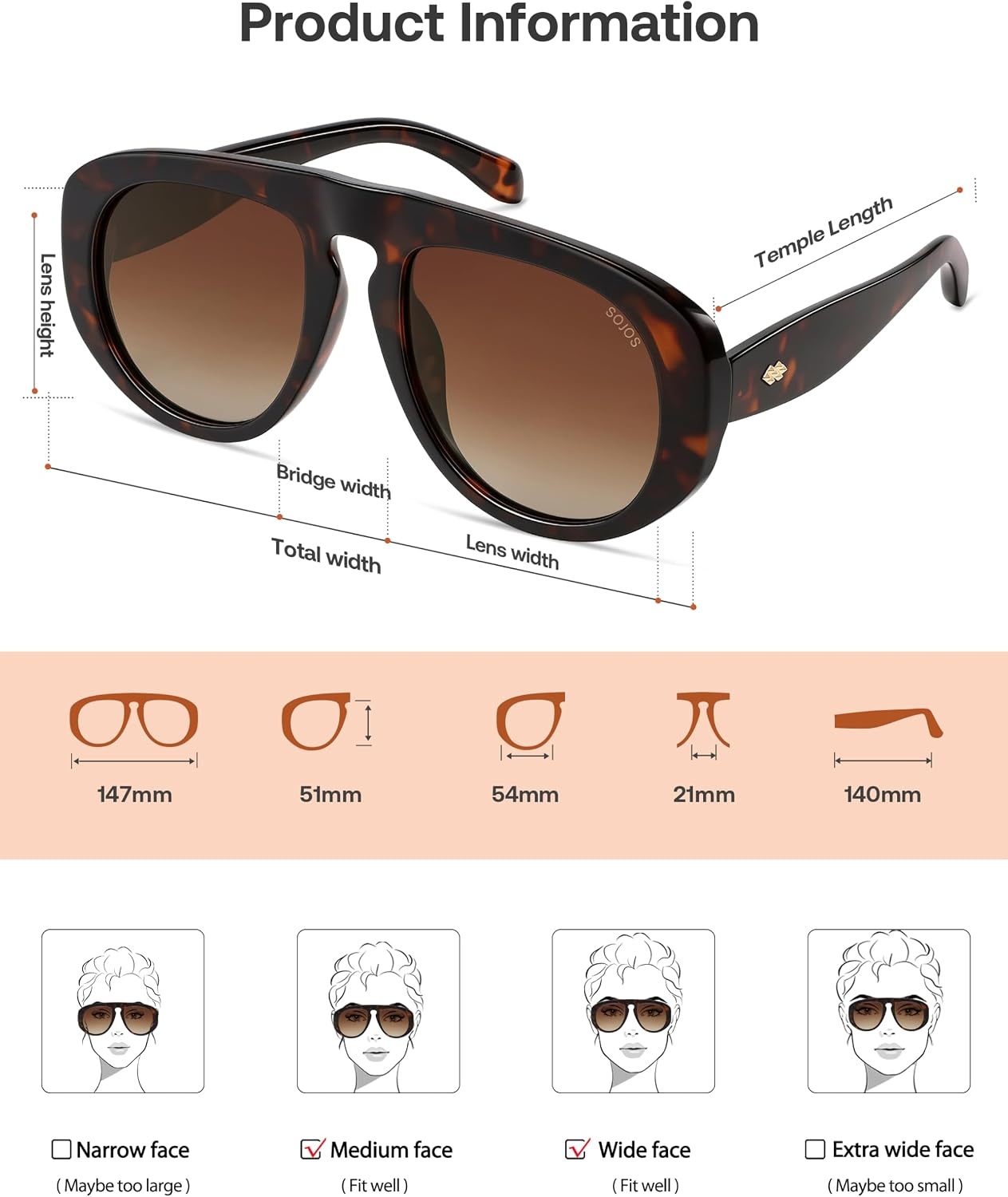 image:imageSOJOS Trendy Oversized Polarized Aviator Sunglasses Womens Mens SJ2725  70s 80s Retro Vintage Shades Big Bold Thick Frame UV Protection TAC Lenses Sun GlassesTortoiseBrown